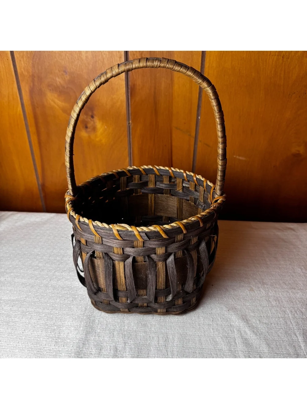 Handmade woven basket with tall handle 11.5 inch rustic farmhouse decor 87